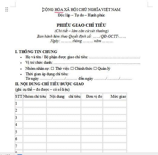 Phiếu Giao Chỉ Tiêu-Thưởng