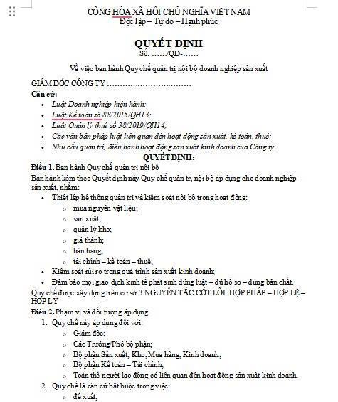 Quy Chế Nội Bộ - Sản Xuất 