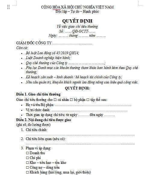 Quyết Định Giam Đốc Giao Chỉ Tiêu Thưởng 
