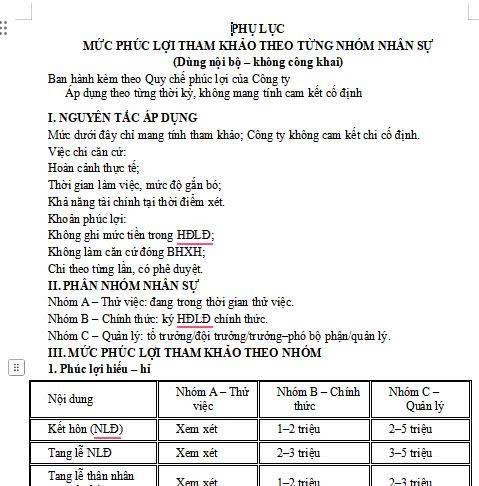 Phụ Lục Phúc Lợi-Tham Khảo Không Công Khai